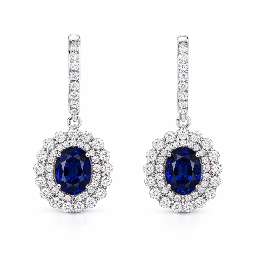 Safir ve Pırlanta Sallantılı Küpe