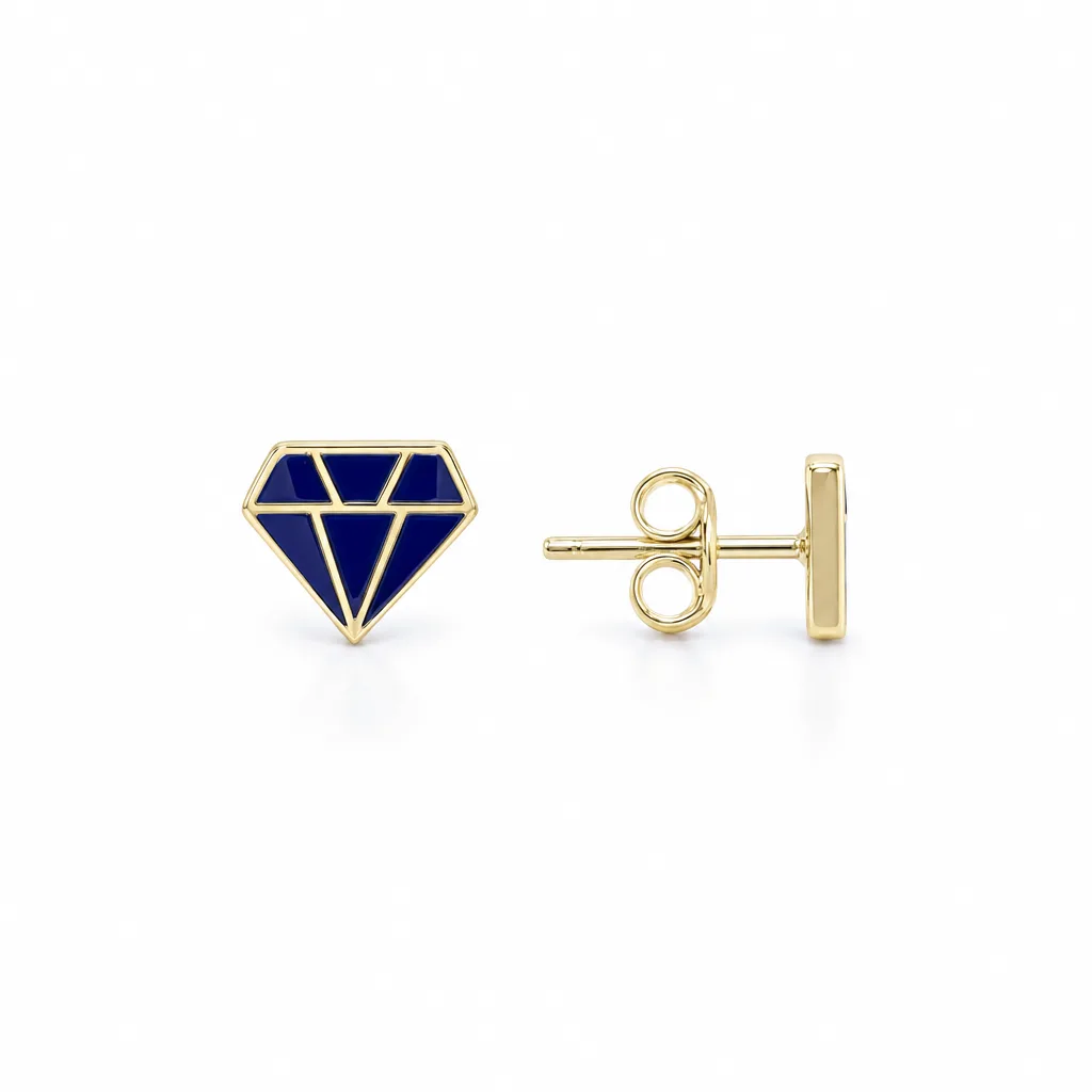 Lacivert Geometrik 585 Ayar Altın Küpe