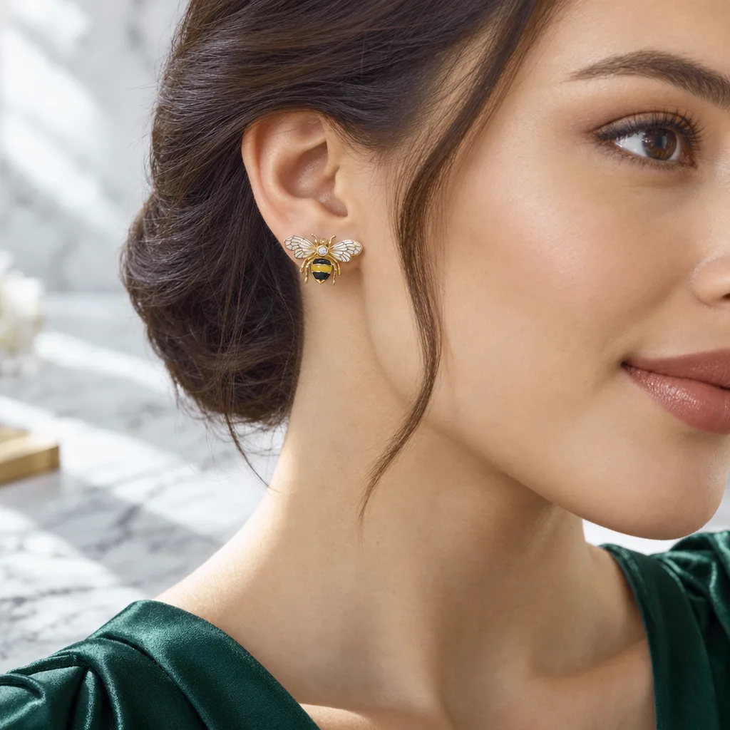 Arı Motifli 585 Ayar Altın Küpe