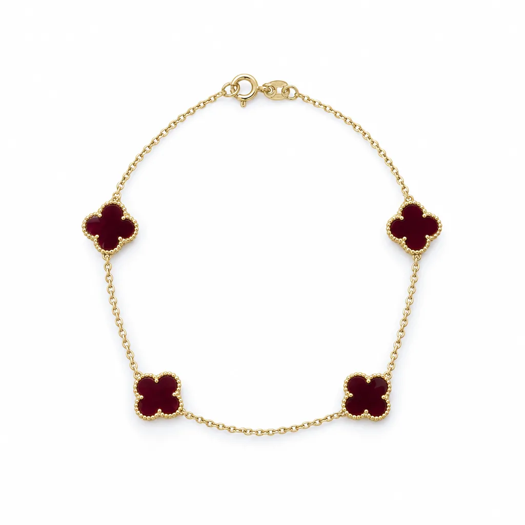 Bordo Yonca Motifli 585 Ayar Bileklik
