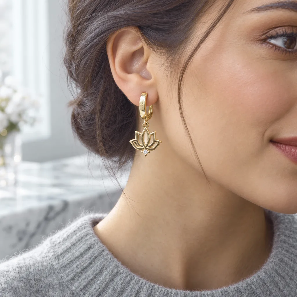 585 Ayar Lotus Formlu Sallantılı Küpe
