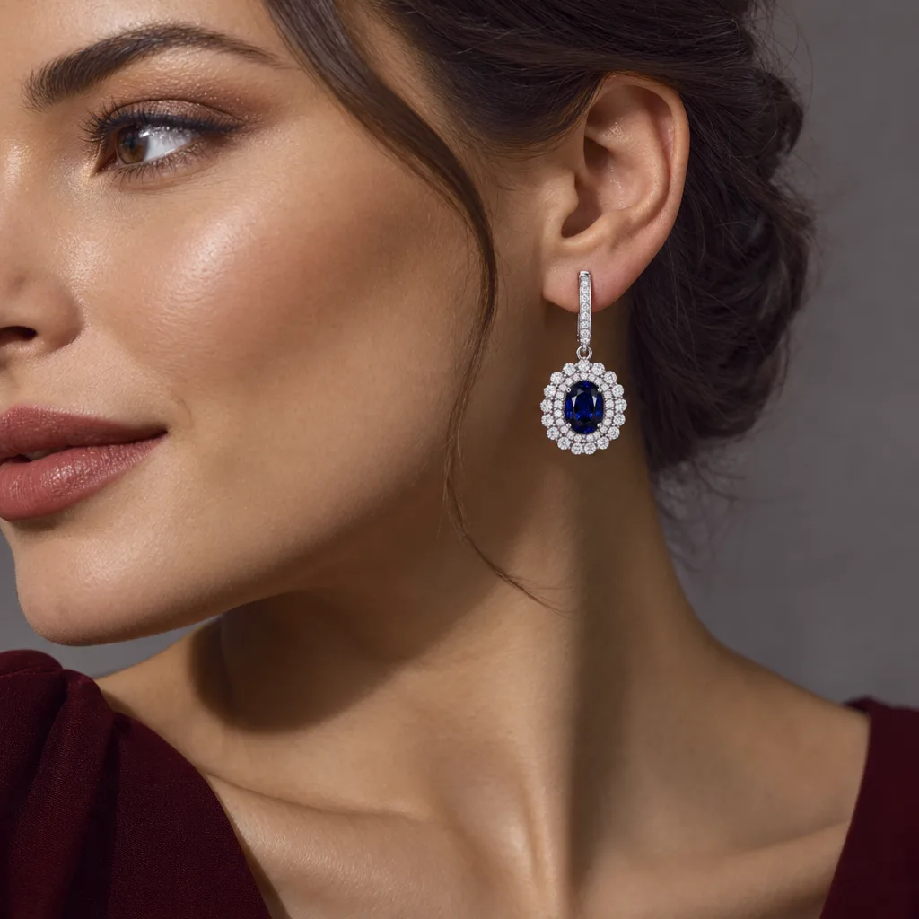 Safir ve Pırlanta Sallantılı Küpe